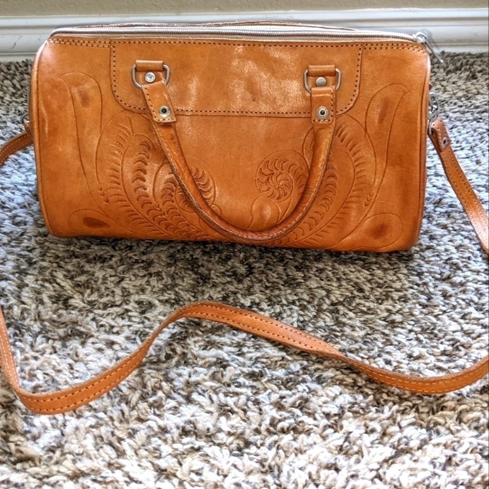 Genuine Leather Purse Hand Tooled Design Burnished with Detachable Strap